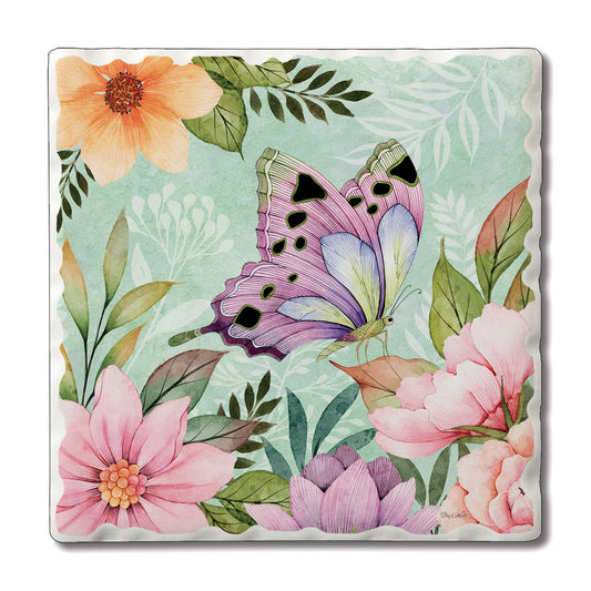 Thirstystone Pink Butterfly Bloom Single Tumbled Tile Stone Coaster with Protective Cork Backing Manufactured in The USA 4" Square