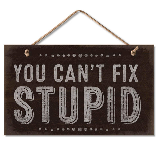 CounterArt You Can't Fix Stupid Humorous Hanging Wood Wall Sign 9.5” x 5.75” Made in the USA Features Braided Rope Hanger