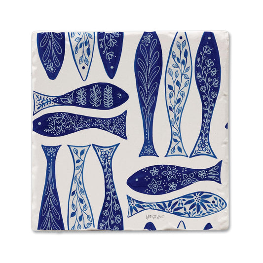 Thirstystone Blue Fish Single Tumbled Tile Stone Coaster with Protective Cork Backing Manufactured in The USA 4" Square, Colorful, Artistiic, Easily Wipes Clean