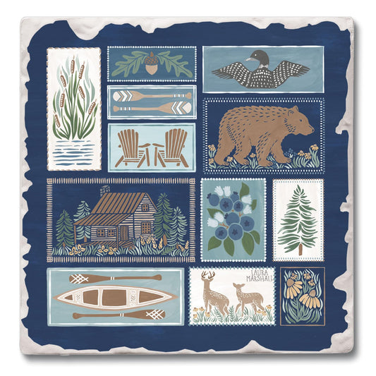 Thirstystone Lake Icons Single Tumbled Tile Stone Coaster with Protective Cork Backing Manufactured in The USA 4" Square