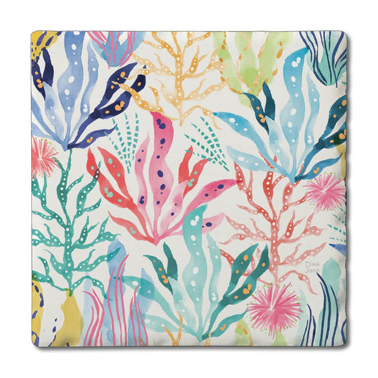 Thirstystone Coral Collection on White Single Tumbled Tile Stone Coaster with Protective Cork Backing Manufactured in The USA 4" Square, Colorful, Artistiic, Easily Wipes Clean