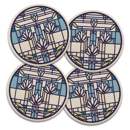 Waterlilies Design by Frank Lloyd Wright 4 Pack Round Absorbent Stone Coasters 4" Diameter