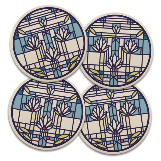 Waterlilies Design by Frank Lloyd Wright 4 Pack Round Absorbent Stone Coasters 4" Diameter