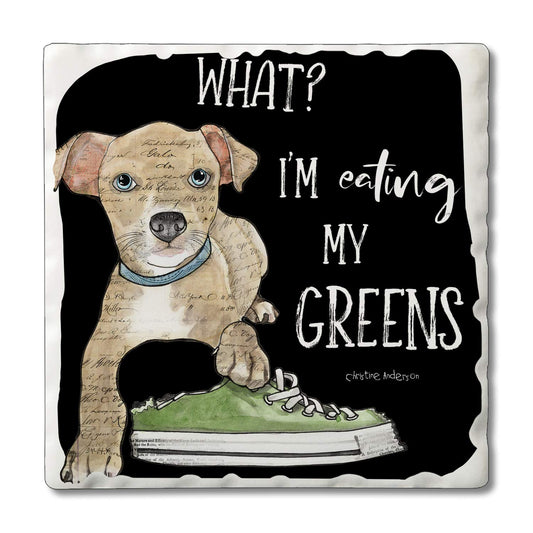 Thirstystone Eating My Greens Single Absorbent Stone Coaster with Protective Cork Backing Manufactured in The USA 4" Square, Colorful, Artistic, Easily Wipes Clean