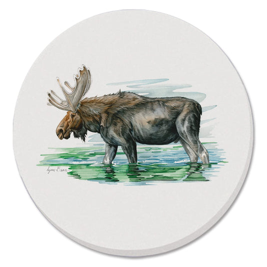 Thirstystone Moose in Lake 4 Pack Round Absorbent Stone Coasters 4" Diameter Manufactured in the USA