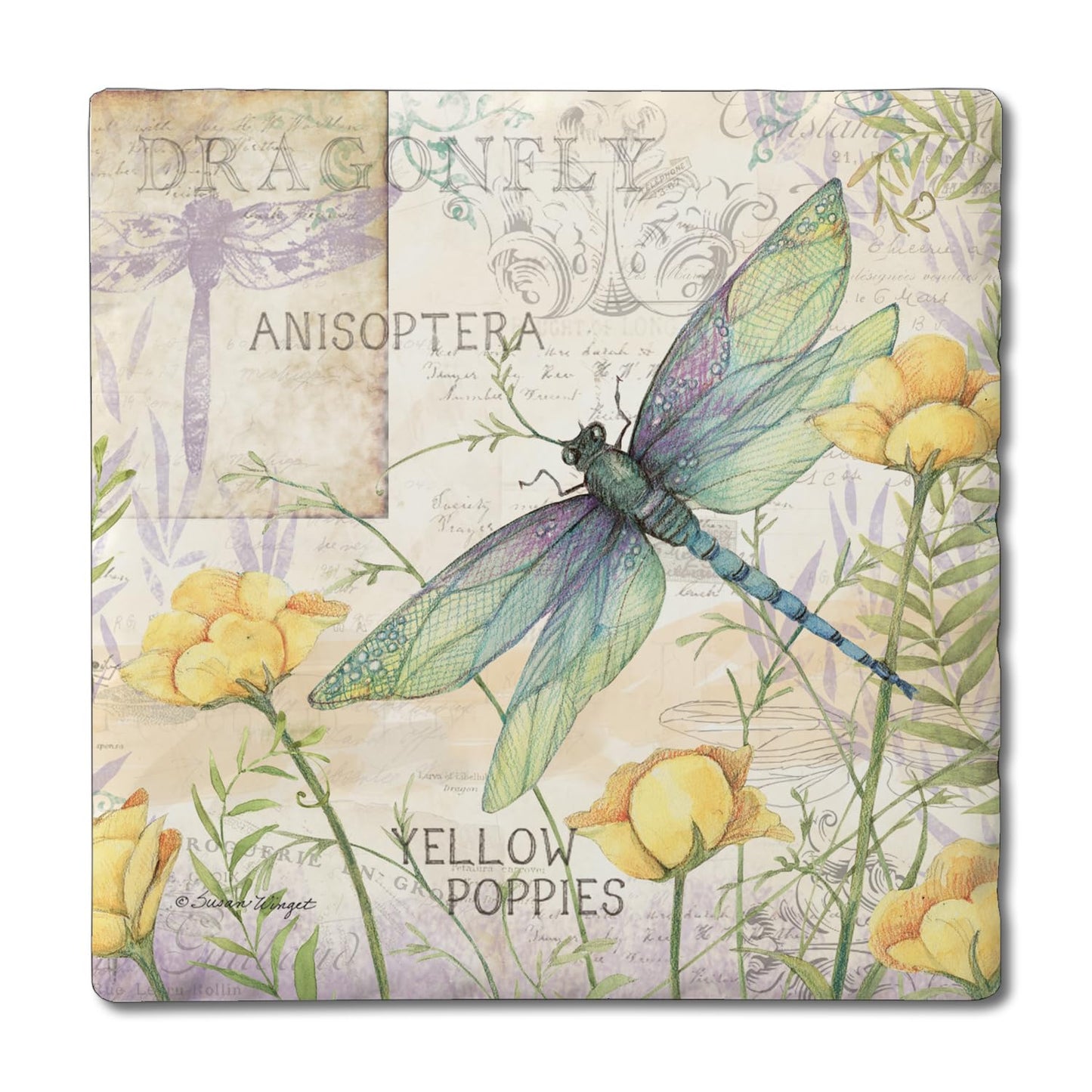 Thirstystone Dragonfly Poppies 4 Pack Tumbled Tile Stone Coasters 4" Square Manufactured in the USA