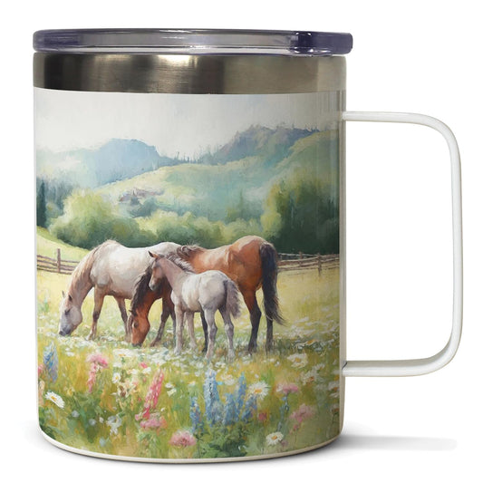 Highland Home Alpine Pastures Decorative Stainless Steel Insulated Travel Mug with Lid and Handle 12 oz. Manufactured in the USA Dishwasher Safe