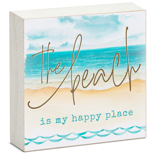 CounterArt "The Beach is My Happy Place" Artistic Freestanding Solid Wood Block Sign 3.75” x 3.75” Made in the USA For Home or Office Design