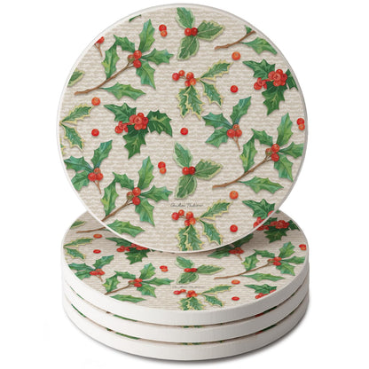 Thirstystone Happy Holly 4 Pack Round Absorbent Stone Coasters 4" Diameter