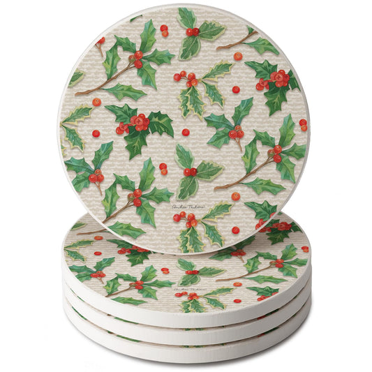 Thirstystone Happy Holly 4 Pack Round Absorbent Stone Coasters 4" Diameter