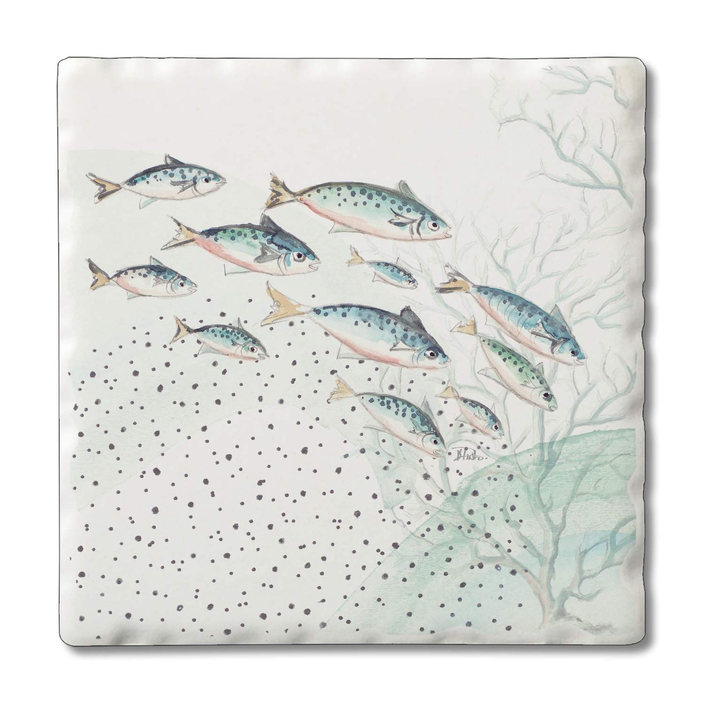 Thirstystone School of Fish Single Tumbled Tile Stone Coaster with Protective Cork Backing Manufactured in The USA 4" Square, Colorful, Artistic, Easily Wipes Clean