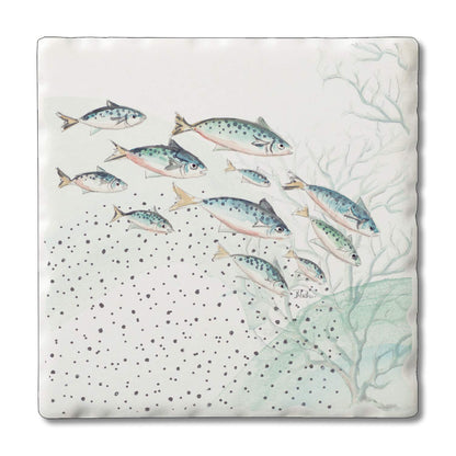 Thirstystone School of Fish Single Tumbled Tile Stone Coaster with Protective Cork Backing Manufactured in The USA 4" Square, Colorful, Artistic, Easily Wipes Clean