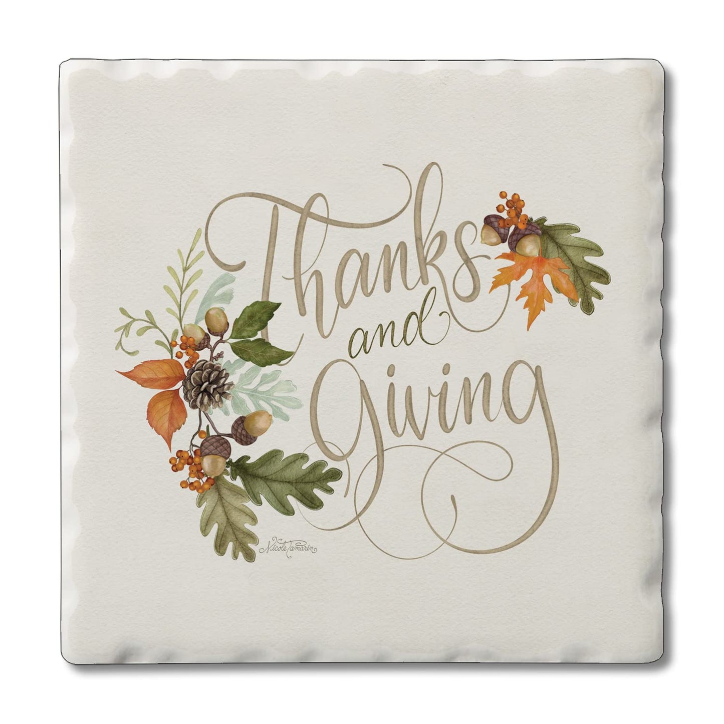 Thirstystone Thanks & Giving Tumbled Tile Stone Coaster with Protective Cork Backing Manufactured in The USA 4" Square, Colorful, Artistiic, Easily Wipes Clean