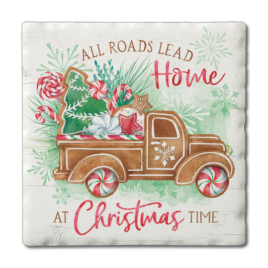 Thirstystone All Roads Lead Home Single Tumbled Tile Stone Coaster with Protective Cork Backing Manufactured in The USA 4" Square, Artistic, Easily Wipes Clean
