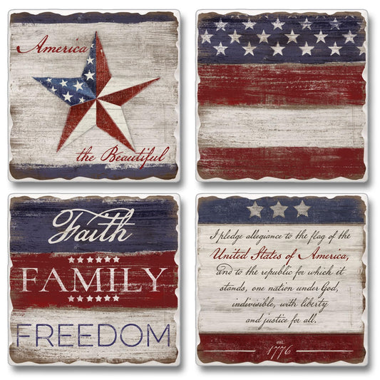 Thirstystone Americana 4-Pack Assorted Tumbled Tile Stone Coasters 4" Square