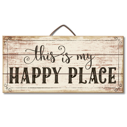 Highland Home My Happy Place Decorative Pallet Wood Sign 12" x 6" Made in the USA Wire Hanger Included that Doubles as an Easel