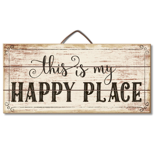 Highland Home My Happy Place Decorative Pallet Wood Sign 12" x 6" Made in the USA Wire Hanger Included that Doubles as an Easel