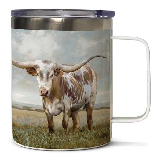 Highland Home Longhorn Decorative Stainless Steel Insulated Travel Mug with Lid and Handle 12 oz. Manufactured in the USA Dishwasher Safe