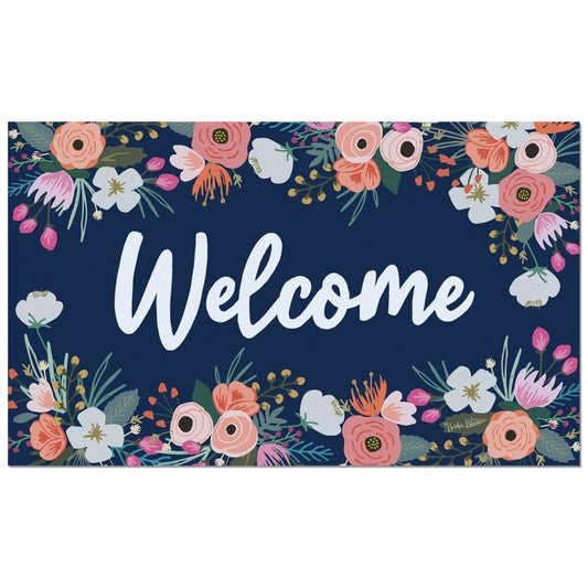 Counterart Floral on Navy Indoor/Outdoor Entryway Floor Mat Manufactured in the USA 29.5" by 17.75"