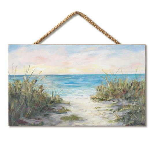 CounterArt Beach Walk Decorative Hanging Wood Wall Sign 9.5” by 5.75” Made in the USA Features Braided Rope Hanger