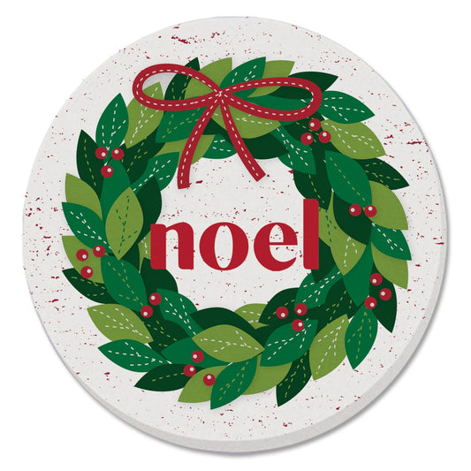 Thirstystone Stitched Noel Wreath Single Round Absorbent Stone Coaster with Protective Cork Backing Manufactured in The USA 4" Diameter