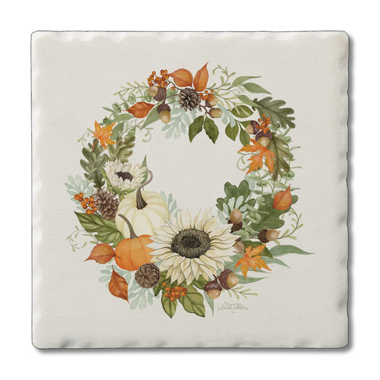 Thirstystone Farmhouse Wreath Single Tumbled Tile Stone Coaster with Protective Cork Backing Manufactured in The USA 4" Square, Colorful, Artistiic, Easily Wipes Clean