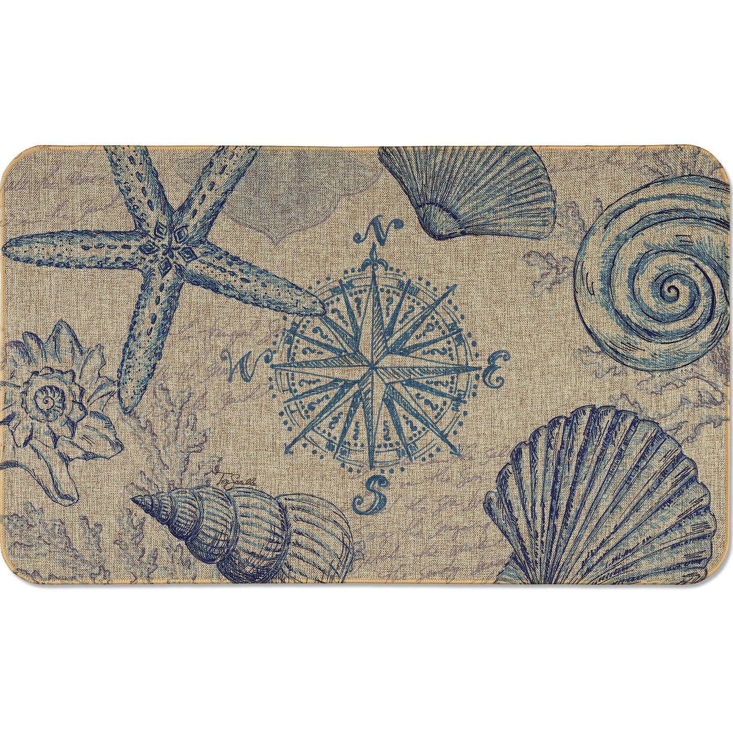 Counterart Coastal Sketch Decorative Indoor/Outdoor Natural Linen Look Floor Mat with Recycled Rubber Back Manufactured in The USA 29.5” x 17.75”