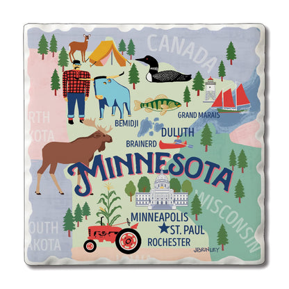Thirstystone Minnesota Attractions 4 Pack Tumbled Tile Stone Coasters with Protective Cork Backing 4" Square Manufactured in the USA