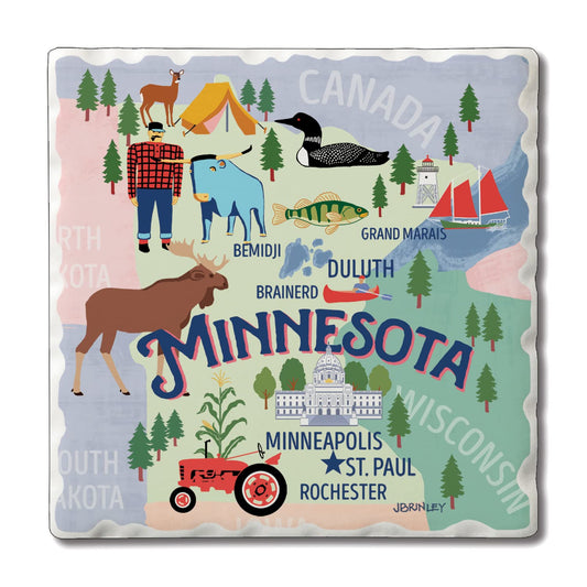 Thirstystone Minnesota Attractions 4 Pack Tumbled Tile Stone Coasters with Protective Cork Backing 4" Square Manufactured in the USA