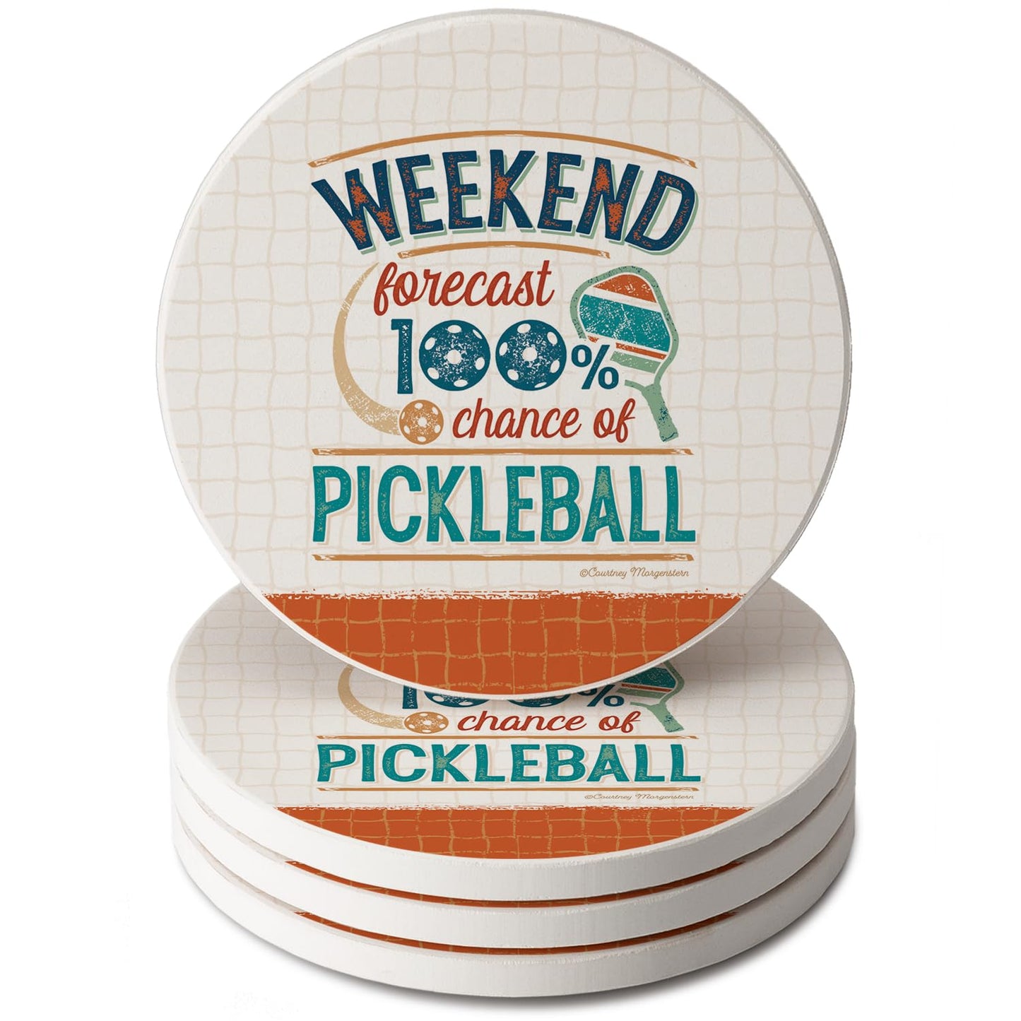 Thirstystone Pickleball Forecast 4 Pack Round Absorbent Stone Coasters 4" Diameter Manufactured in the USA