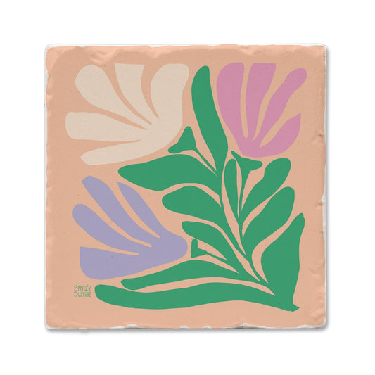 Thirstystone Funky Flowers Single Tumbled Tile Stone Coaster with Protective Cork Backing Manufactured in The USA 4" Square, Colorful, Artistiic, Easily Wipes Clean