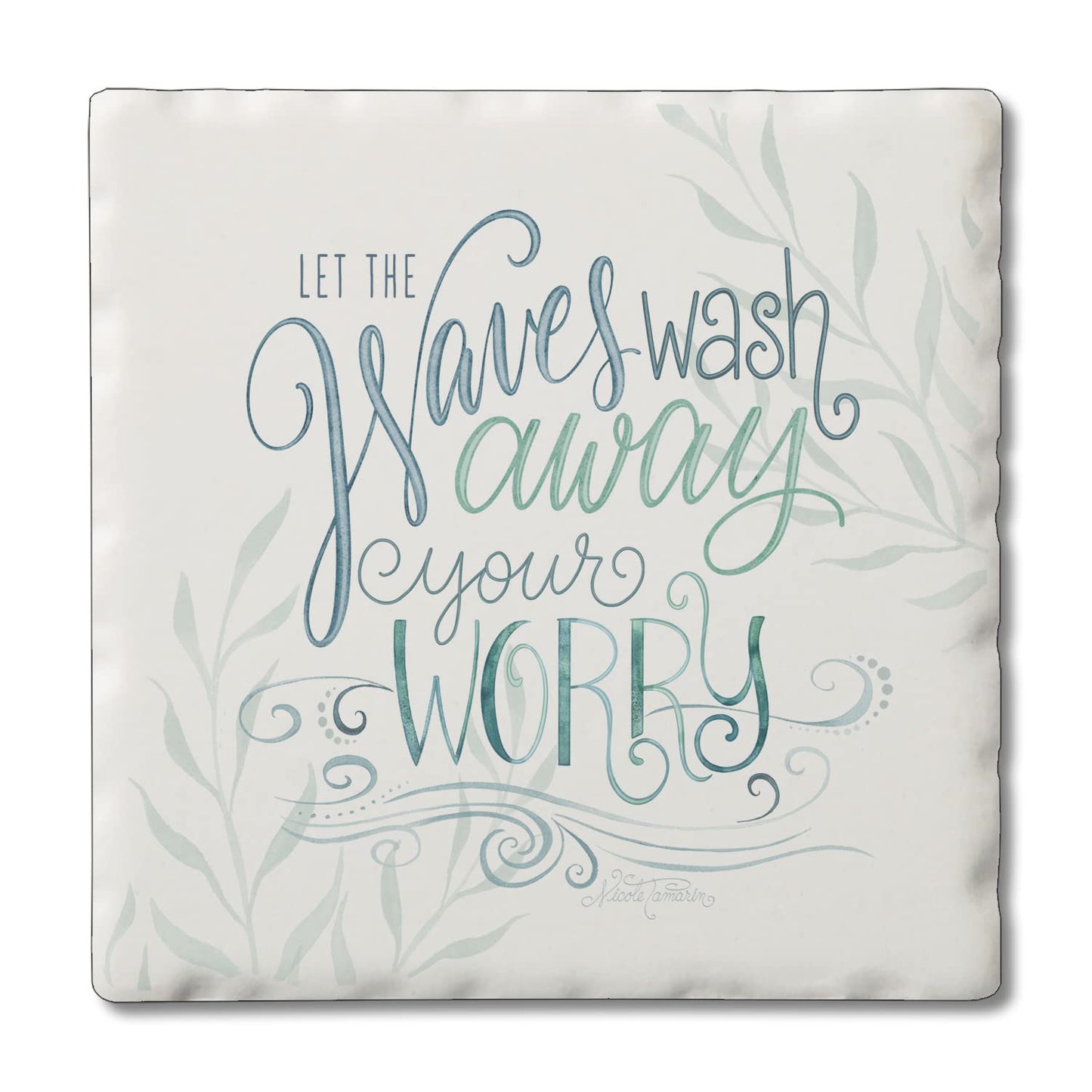 Thirstystone Waves Wash Single Tumbled Tile Stone Coaster with Protective Cork Backing Manufactured in The USA 4" Square, Colorful, Artistic, Easily Wipes Clean