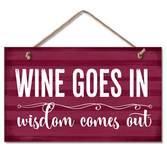 CounterArt Wine Goes In Wisdom Comes Out Decorative Hanging Wood Wall Sign 9.5” x 5.75” Made in the USA Features Braided Rope Hanger