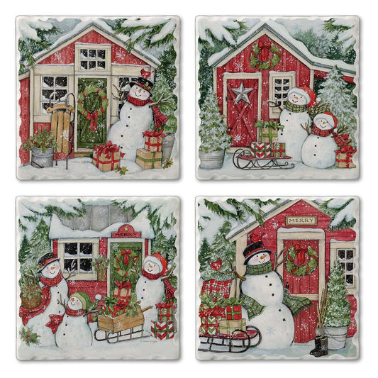 Thirstystone Snowman's Farmhouse 4 Pack Assorted Tumbled Tile Stone Coasters 4" Square