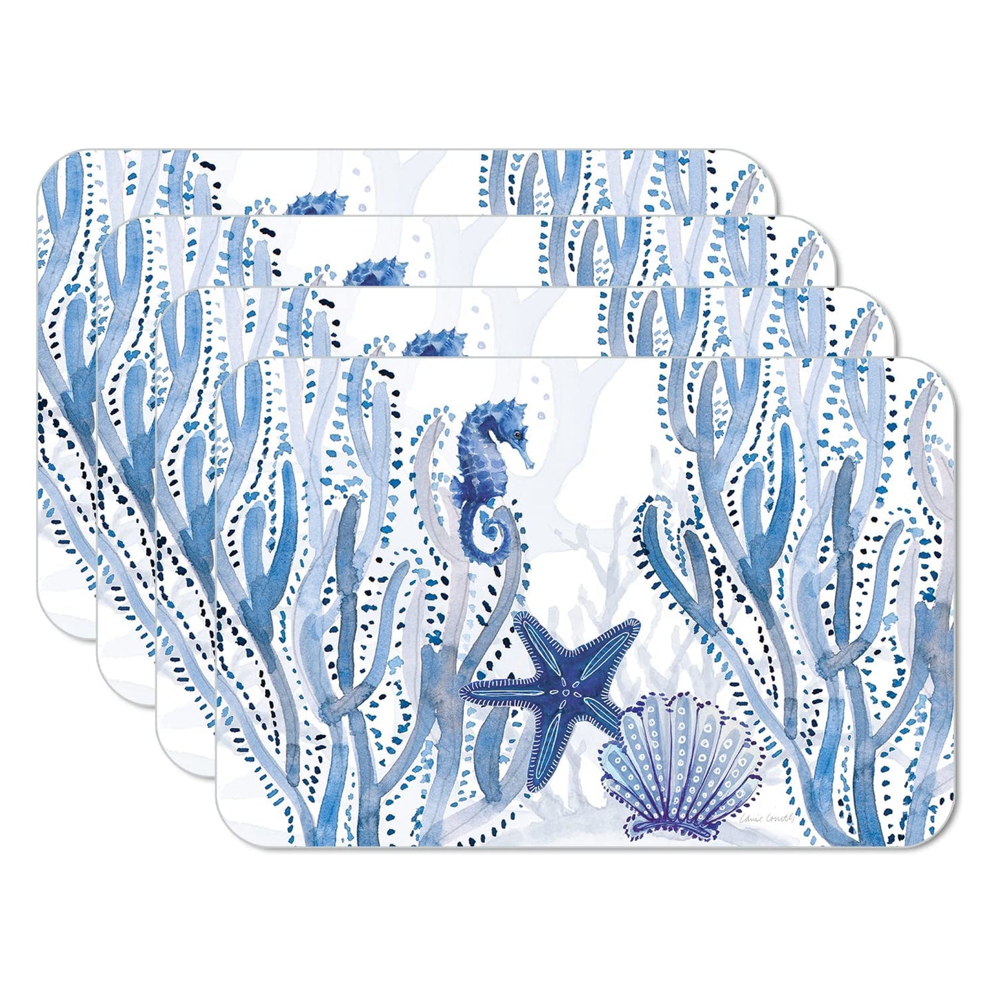 CounterArt Indigo Coastal 4 Pack Reversible Easy Care Flexible Placemats Made in the USA