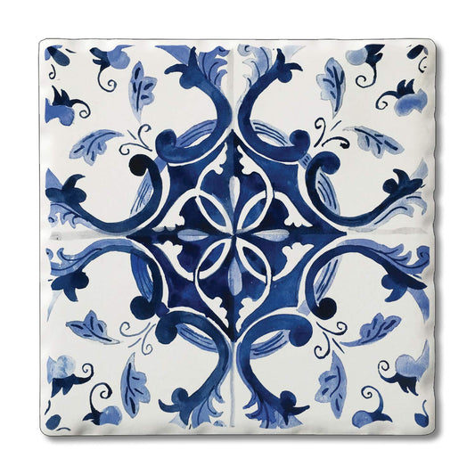 Thirstystone Blue & White Floral 4 Pack Tumbled Tile Stone Coasters 4" Square Manufactured in the USA