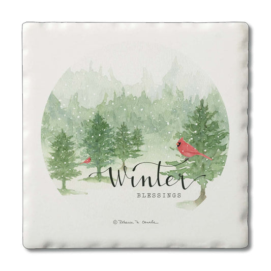 Thirstystone Winter Blessings 4 Pack Tumbled Tile Stone Coasters 4" Square Manufactured in the USA