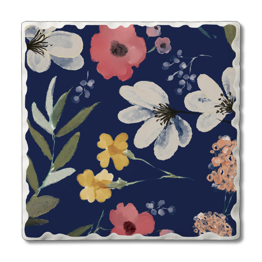 Thirstystone Blue Multi-Floral Single Absorbent Stone Coaster with Protective Cork Backing Manufactured in The USA 4" Square, Colorful, Artistic, Easily Wipes Clean