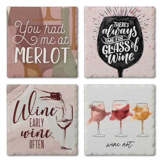 Thirstystone Wine Quotes 4-Pack Tumbled Tile Stone Coasters 4" Square