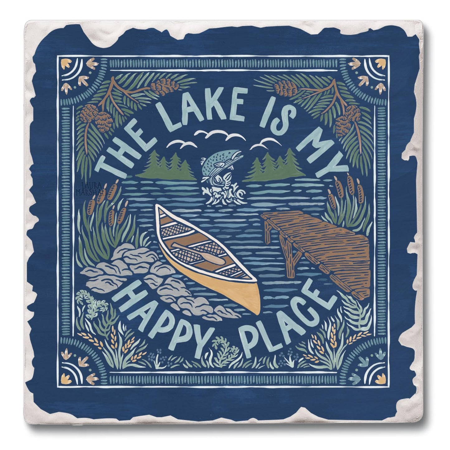 Thirstystone Lakeside Happy Single Tumbled Tile Stone Coaster with Protective Cork Backing Manufactured in The USA 4" Square