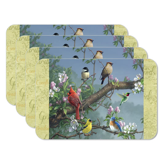 CounterArt Beautiful Songbirds Reversible Easy Care Flexible Plastic Placemats 4 Pack Made in The USA BPA Free Easily Wipes Clean