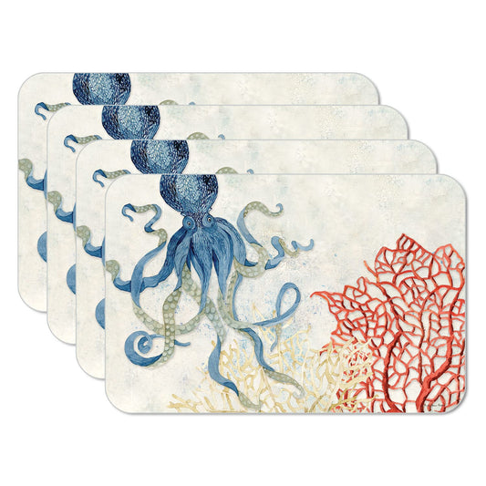 CounterArt Indigo Ocean 4 Pack Reversible Easy Care Flexible Plastic Placemats Made in The USA BPA Free, Easily Wipes Clean