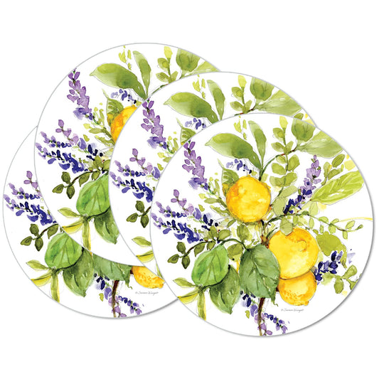 CounterArt Watercolor Lemons 4 Pack Round Reversible Easy Care Placemats Made in the USA