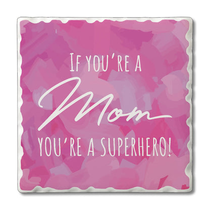 Thirstystone Superhero Mom 4 Pack Absorbent Stone Tumbled Tile Coasters with Protective Cork Backing 4" Square Manufactured in The USA Artistic Absorbent Easily Wipes Clean