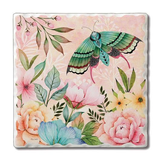 Thirstystone Green Butterfly Bloom Single Tumbled Tile Stone Coaster with Protective Cork Backing Manufactured in The USA 4" Square