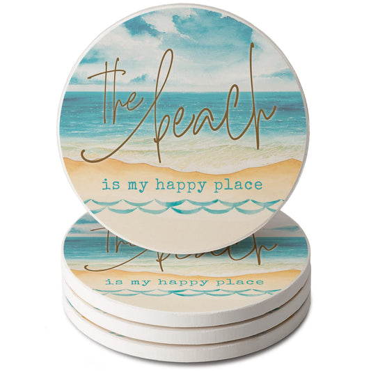Thirstystone Beach Happy Place 4 Pack Round Absorbent Stone Coasters 4" Diameter Manufactured in the USA
