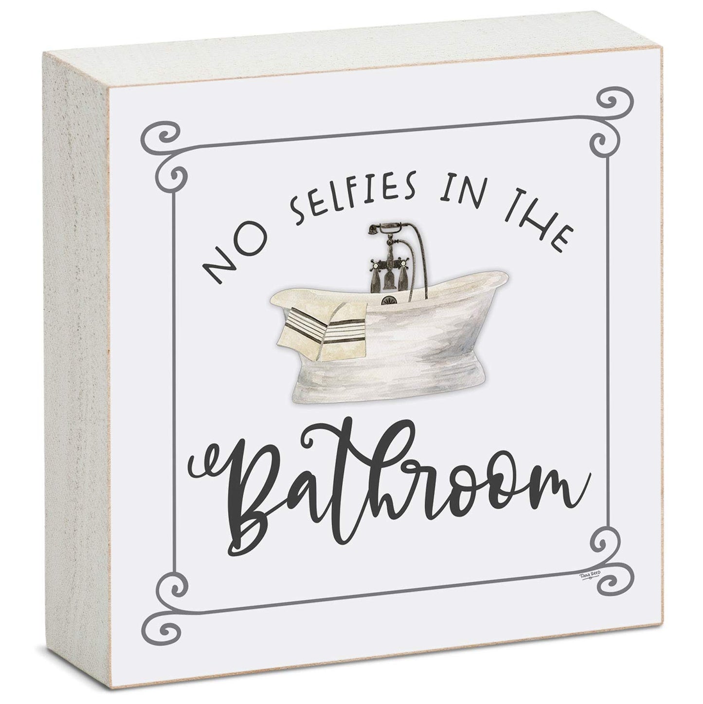 CounterArt "No Selfies" Artistic Freestanding Solid Wood Block Sign Made in the USA 3.75” Square Decorative Accent for Home or Office