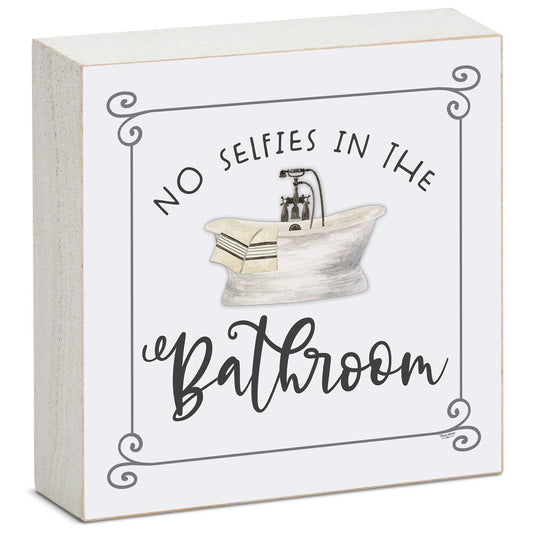 CounterArt "No Selfies" Artistic Freestanding Solid Wood Block Sign Made in the USA 3.75” Square Decorative Accent for Home or Office