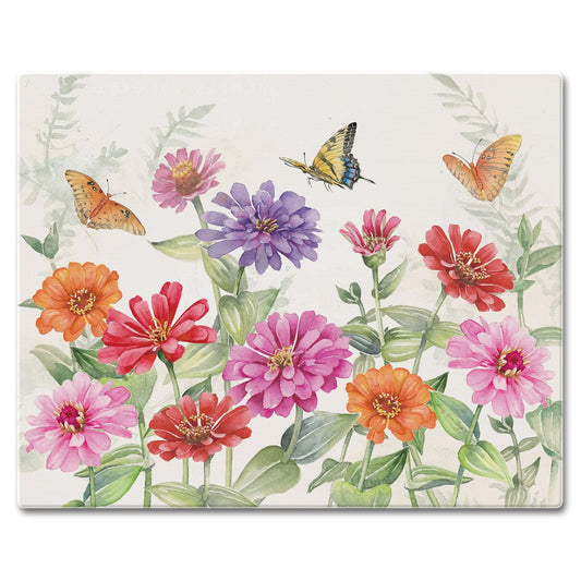 CounterArt Zinnias & Butterflies 3mm Tempered Glass Cutting Board 15" x 12" Manufactured in the USA