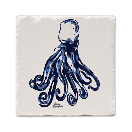 Thirstystone Indigo Octopus Single Tumbled Tile Stone Coaster with Protective Cork Backing Manufactured in The USA 4" Square, Colorful, Artistiic, Easily Wipes Clean